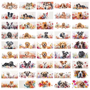 May include: A collection of 36 watercolor paintings featuring various dog breeds surrounded by colorful flowers. Each painting is set against a white background.