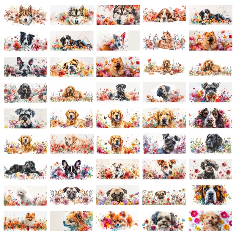May include: A collection of 36 watercolor paintings featuring various dog breeds surrounded by colorful flowers. Each painting is set against a white background.