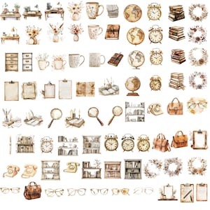 May include: A collection of watercolor illustrations featuring various objects related to reading and studying, including books, glasses, a globe, a magnifying glass, a telephone, a briefcase, a lamp, a clock, a potted plant, a cup of coffee, a desk, and a clipboard. The illustrations are in shades of brown, beige, and white, creating a warm and inviting aesthetic.