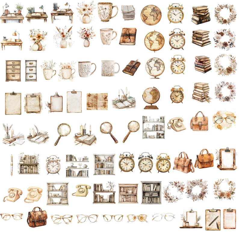 May include: A collection of watercolor illustrations featuring various objects related to reading and studying, including books, glasses, a globe, a magnifying glass, a telephone, a briefcase, a lamp, a clock, a potted plant, a cup of coffee, a desk, and a clipboard. The illustrations are in shades of brown, beige, and white, creating a warm and inviting aesthetic.