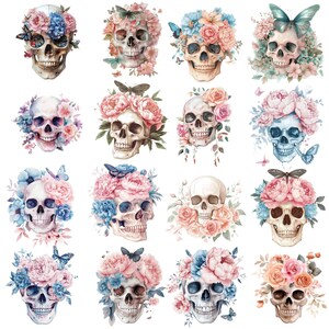 K&ouml;nnte beinhalten: Ein Set mit 16 digitalen Illustrationen, die farbenfrohe Blumenarrangements mit Sch&auml;deln zeigen. Die Blumen sind in Rosa-, Blau- und Wei&szlig;t&ouml;nen gehalten, und die Sch&auml;del sind wei&szlig; mit schwarzen Augenh&ouml;hlen. Die Illustrationen eignen sich perfekt f&uuml;r Bastelprojekte, Scrapbooking oder digitales Design.