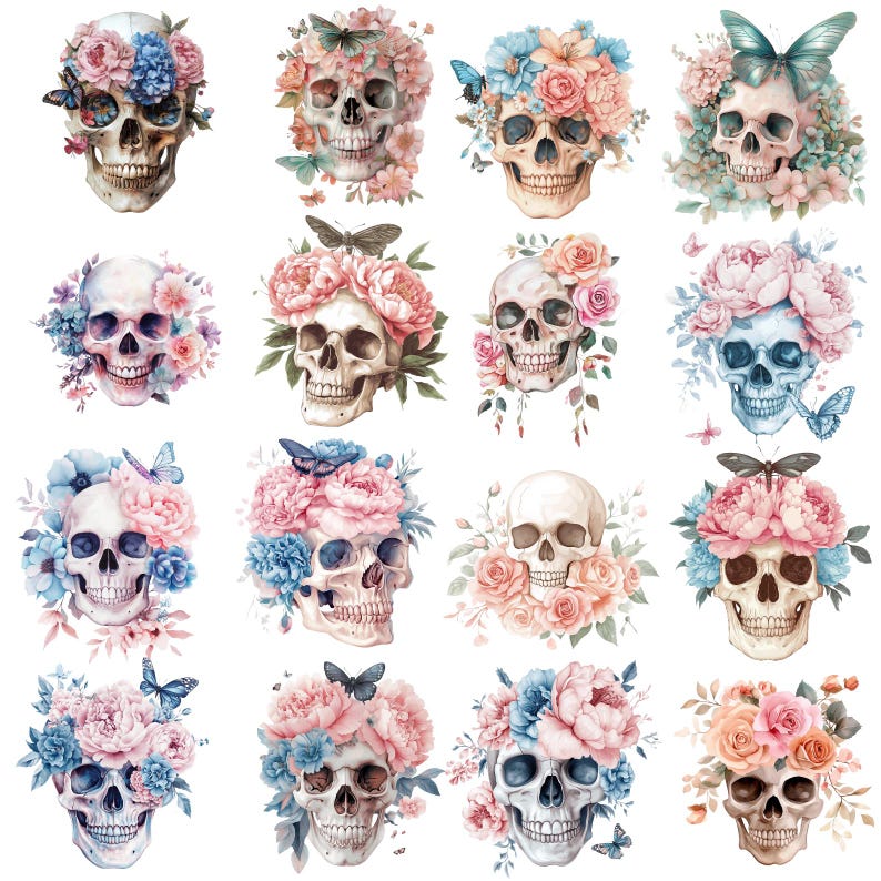 K&ouml;nnte beinhalten: Ein Set mit 16 digitalen Illustrationen, die farbenfrohe Blumenarrangements mit Sch&auml;deln zeigen. Die Blumen sind in Rosa-, Blau- und Wei&szlig;t&ouml;nen gehalten, und die Sch&auml;del sind wei&szlig; mit schwarzen Augenh&ouml;hlen. Die Illustrationen eignen sich perfekt f&uuml;r Bastelprojekte, Scrapbooking oder digitales Design.