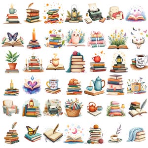 K&ouml;nnte beinhalten: Eine Sammlung von Aquarellillustrationen mit B&uuml;cherstapeln, Kaffeetassen, Kerzen und anderen lesebezoogenen Gegenst&auml;nden. Die Bilder haben einen skurrilen, m&auml;rchenhaften Charakter mit sanften Farben und detaillierten Zeichnungen von Schmetterlingen, Blumen und einer Katze.