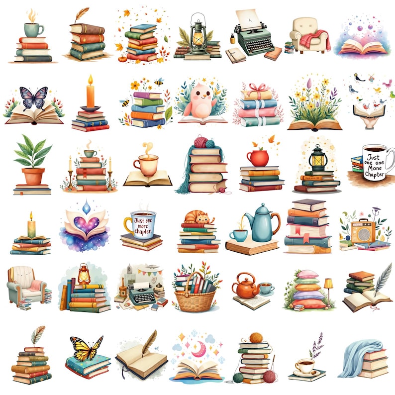 K&ouml;nnte beinhalten: Eine Sammlung von Aquarellillustrationen mit B&uuml;cherstapeln, Kaffeetassen, Kerzen und anderen lesebezoogenen Gegenst&auml;nden. Die Bilder haben einen skurrilen, m&auml;rchenhaften Charakter mit sanften Farben und detaillierten Zeichnungen von Schmetterlingen, Blumen und einer Katze.