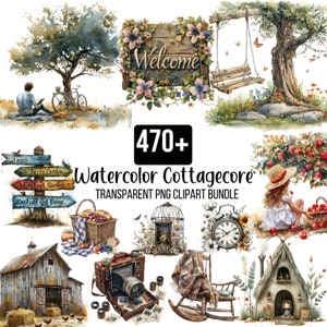May include: A watercolor clipart bundle featuring cottagecore elements, including a welcome sign with flowers, a swing set, a birdcage, a rocking chair, a camera, a barn, a girl with a basket of apples, and a small house with a chimney. The text "470+ Watercolor Cottagecore TRANSPARENT PNG CLIPART BUNDLE" is displayed in the center of the image.