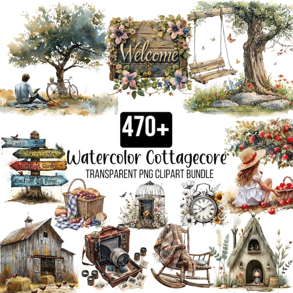 470+ Cottagecore Clipart Bundle, Watercolor Spring Cottagecore PNG, Countryside Nature Graphics, Cottage Book Images, Cozy Bookworm Graphics