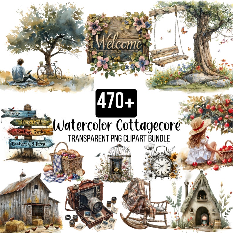 May include: A watercolor clipart bundle featuring cottagecore elements, including a welcome sign with flowers, a swing set, a birdcage, a rocking chair, a camera, a barn, a girl with a basket of apples, and a small house with a chimney. The text "470+ Watercolor Cottagecore TRANSPARENT PNG CLIPART BUNDLE" is displayed in the center of the image.