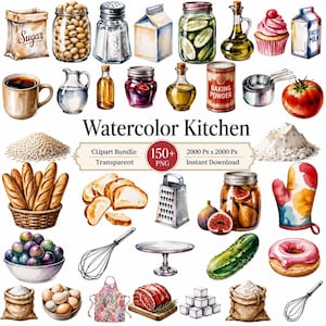 May include: A collection of watercolor kitchen clipart featuring food items like bread, vegetables, fruits, and baking ingredients, alongside kitchen tools such as a whisk, grater, and measuring cups, with the text Watercolor Kitchen Clipart Bundle.