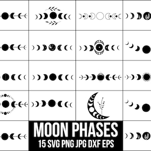 Pacchetto Svg fasi lunari, Its Just a Phase Svg, Crescent Moon Svg, File di taglio per Cricut, Silhouette, PNG, DXF, Mystic Celestial Svg