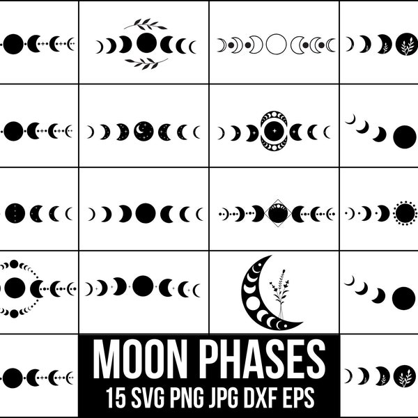 Bundle Svg Phase de lune, c'est juste un Svg de Phase, croissant de lune Svg, fichier de coupe pour Cricut, Silhouette, PNG, DXF, Svg céleste mystique