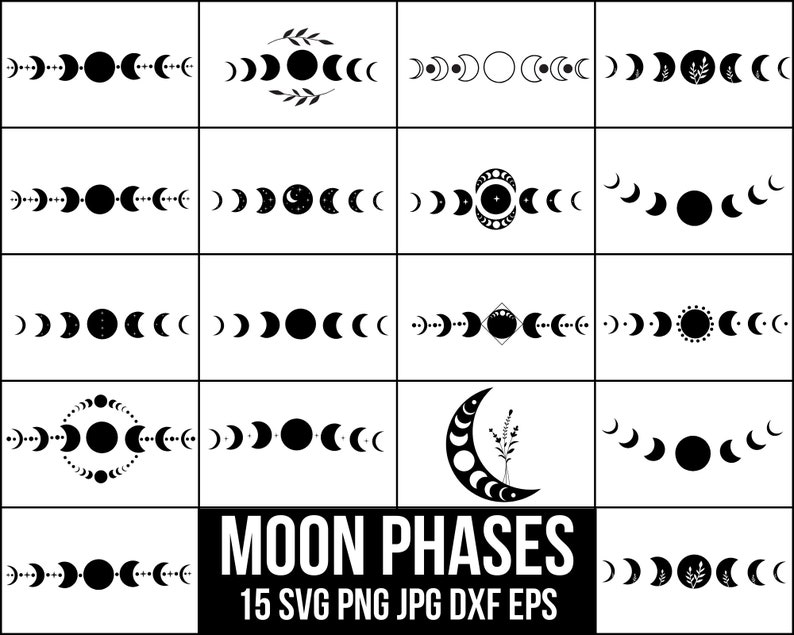 May include: A set of 15 black and white moon phase illustrations. The illustrations are in a variety of styles, including simple outlines, detailed drawings, and stylized designs. The text "MOON PHASES 15 SVG PNG JPG DXF EPS" is at the bottom of the image.