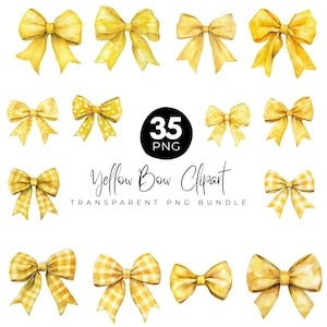 35 Watercolor Yellow Bows Clipart PNG Bundle, Coquette Bow Clipart, Cute Lace Bow, Silk Coquette Bow Designs, Girly Clipart, Digital Files