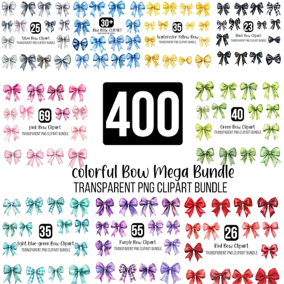 400 Watercolor Bows Clipart PNG Mega Bundle, Colorful Coquette Bow, Silk Coquette Bow Designs, Cute Lace Bow,Girly Clipart, Digital Download