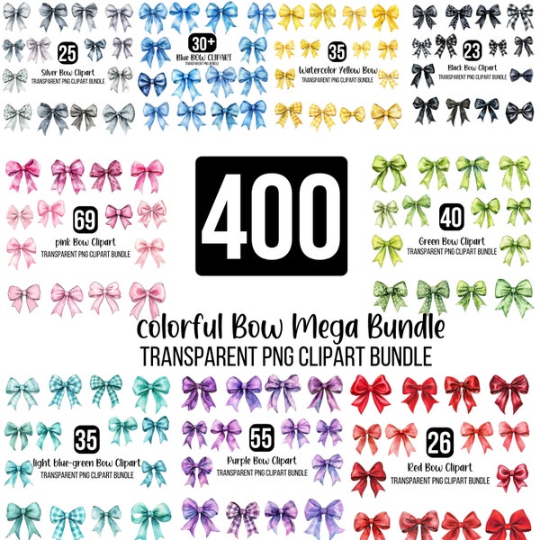 400 Watercolor Bows Clipart PNG Mega Bundle, Colorful Coquette Bow, Silk Coquette Bow Designs, Cute Lace Bow,Girly Clipart, Digital Download