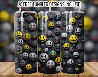 Smiley Gesicht Tumbler Wrap, Lächeln Emoji 20 Unzen Skinny Tumbler PNG Sublimation Wrap, Retro Smiley Gesicht, Gerade Smiley Tumbler png