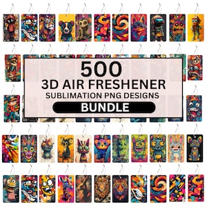 Bundel 500 luchtverfrisserontwerpen, kleurrijke tekenfilmdieren, mystieke uilen, prachtige zonsondergangen en leeuwengezichten Luchtverfrissers png, digitale download