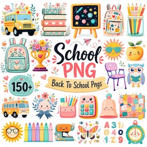 May include: A collection of school-themed digital illustrations featuring a yellow bus, books, a chalkboard, backpacks, pencils, a trophy, a sun, an apple, an owl, a calculator, a bell, a bulletin board, a sewing machine, and a butterfly.