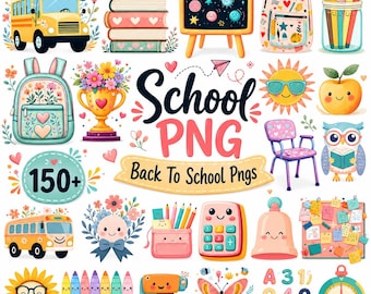 May include: A collection of school-themed digital illustrations featuring a yellow bus, books, a chalkboard, backpacks, pencils, a trophy, a sun, an apple, an owl, a calculator, a bell, a bulletin board, a sewing machine, and a butterfly.