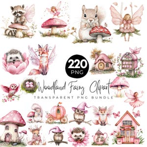 Może przedstawiać: Kolekcja akwarelowych obrazów clipart leśnych wróżek. Ilustracje przedstawiają wróżki, zwierzęta takie jak szopy, wiewiórki, lisy i jeże, grzyby, domy i inne fantazyjne elementy. Tekst brzmi "Woodland Fairy Clipart" i "220 PNG".