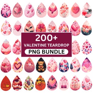 May include: A collection of over 200 Valentine's Day themed teardrop-shaped digital illustrations. The images feature hearts, flowers, and other romantic symbols in a variety of colors and styles.  200+ Valentine Teardrop PNG Bundle