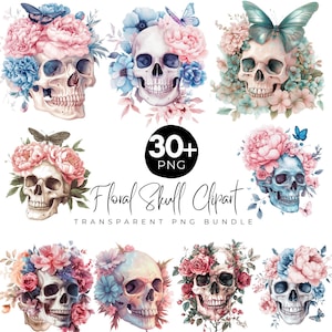 30+ Floral Skull Clipart PNG Bundle, Aquarell Schädel mit Blumen, Schmetterlingen & ästhetischer Gothic Kunst, Schädel mit Blumenkrone, digitales PNG Bild 1