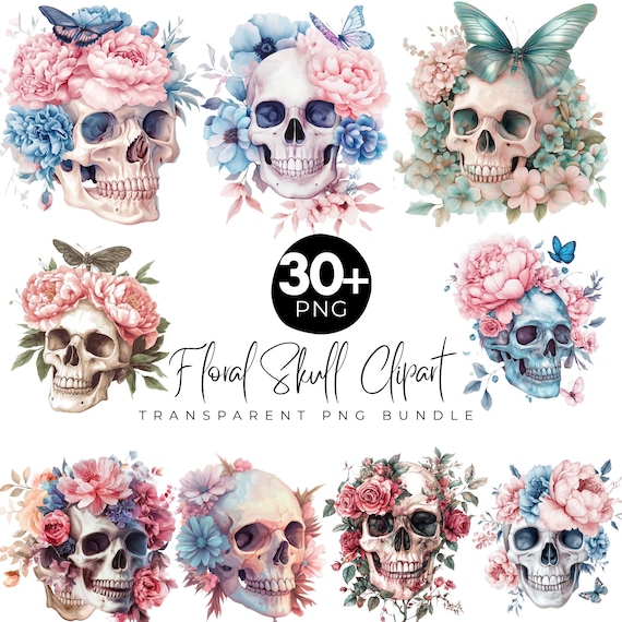 30+ Floral Skull Clipart PNG Bundle, Watercolor Skull with Flowers, Butterflies & Aesthetic Gothic Art, Skull with Floral Crown, Digital PNG