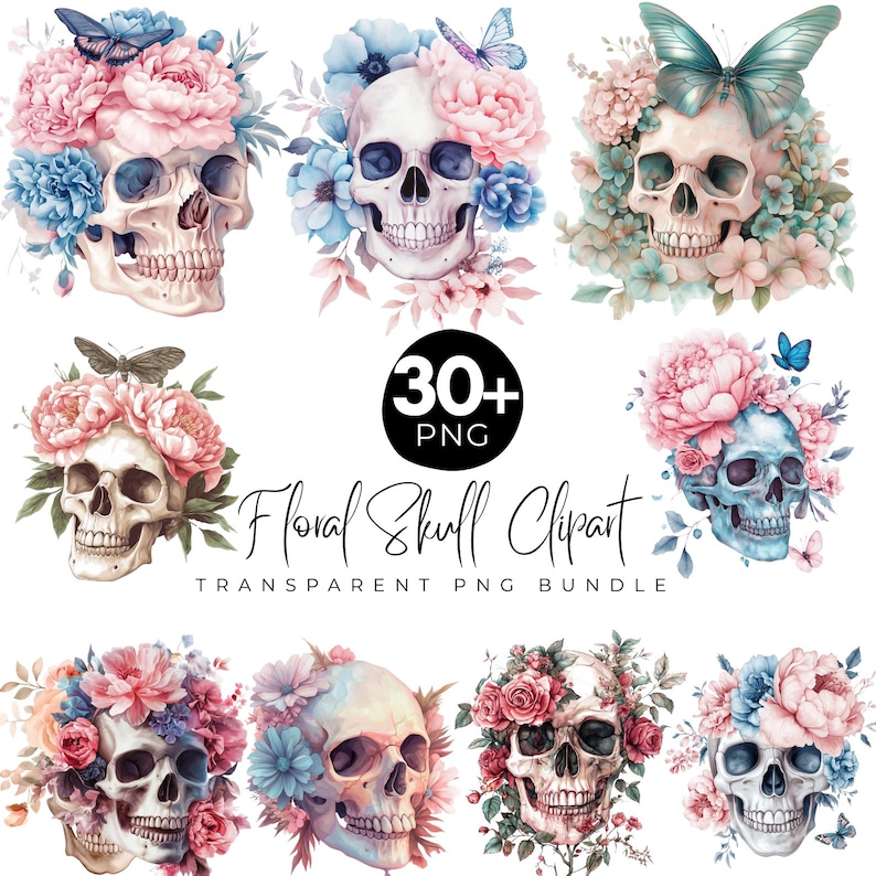 30+ Floral Skull Clipart PNG Bundle, Aquarell Schädel mit Blumen, Schmetterlingen & ästhetischer Gothic Kunst, Schädel mit Blumenkrone, digitales PNG Bild 1