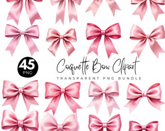 45 Pink Coquette Bow Clipart Bundle, Watercolor Pink Bow Ribbon Png, Coquette Bow, Bow Ribbon & Pink Bow Bundle, Instant Download