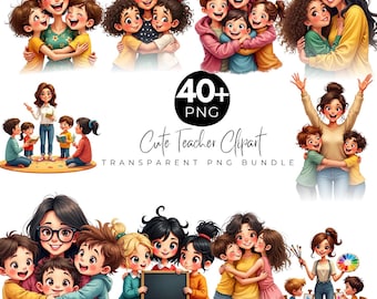 Cute Teacher Clipart Bundle, Teacher and Students PNG, School Classroom Illustration, Happy Teacher with Kids Art,Education Elements Clipart