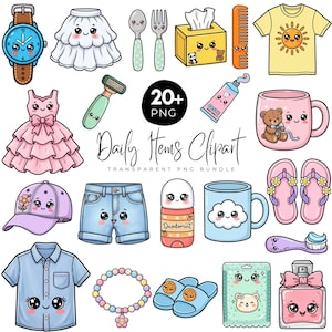 May include: A collection of kawaii-style daily items including a watch, skirt, cutlery, tissue box, comb, sun t-shirt, dress, razor, toothpaste, bear mug, cap, shorts, deodorant, cloud mug, flip-flops, toothbrush, shirt, necklace, slides, and perfume.