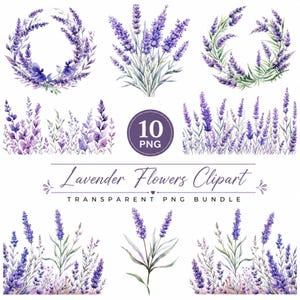 May include: A digital collection of 10 watercolor lavender flower illustrations featuring various arrangements including wreaths, bouquets, and borders. The set includes purple lavender sprigs with green stems and leaves, labeled 10 PNG Lavender Flowers Clipart.