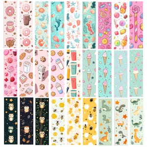 May include: A collection of colorful bookmarks with various designs. The bookmarks feature illustrations of donuts, coffee cups, sea creatures, candies, cookies, ice cream cones, owls, bees, and dinosaurs. Each bookmark is vertically oriented with a unique pattern.