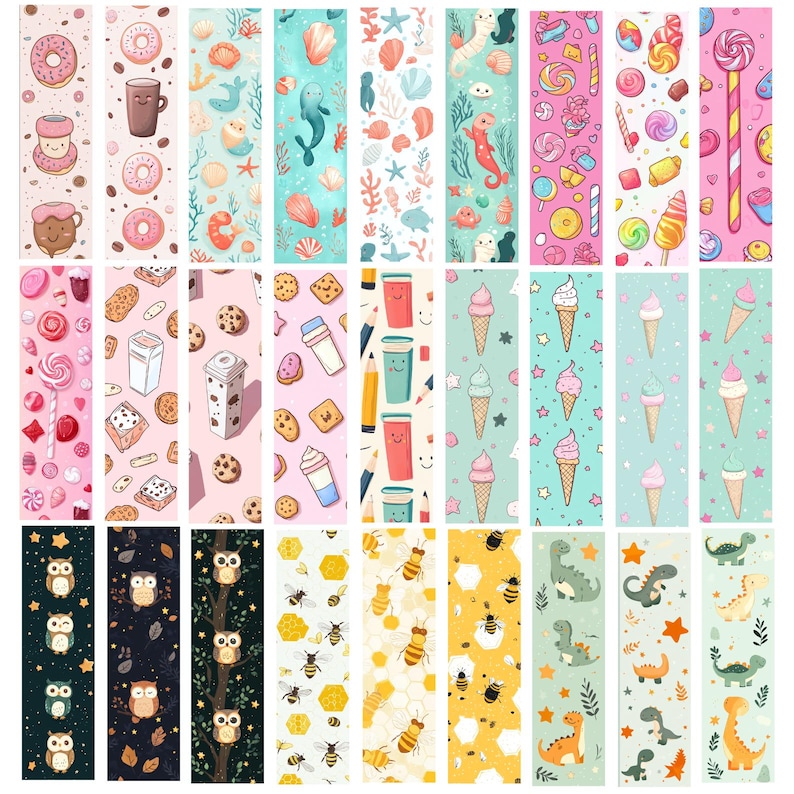 May include: A collection of colorful bookmarks with various designs. The bookmarks feature illustrations of donuts, coffee cups, sea creatures, candies, cookies, ice cream cones, owls, bees, and dinosaurs. Each bookmark is vertically oriented with a unique pattern.