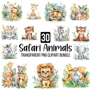 Imágenes prediseñadas de animales de safari en acuarela, imágenes prediseñadas de animales de safari, guardería de safari, animales de la selva, elefante, jirafa, mono, animales de safari adorables