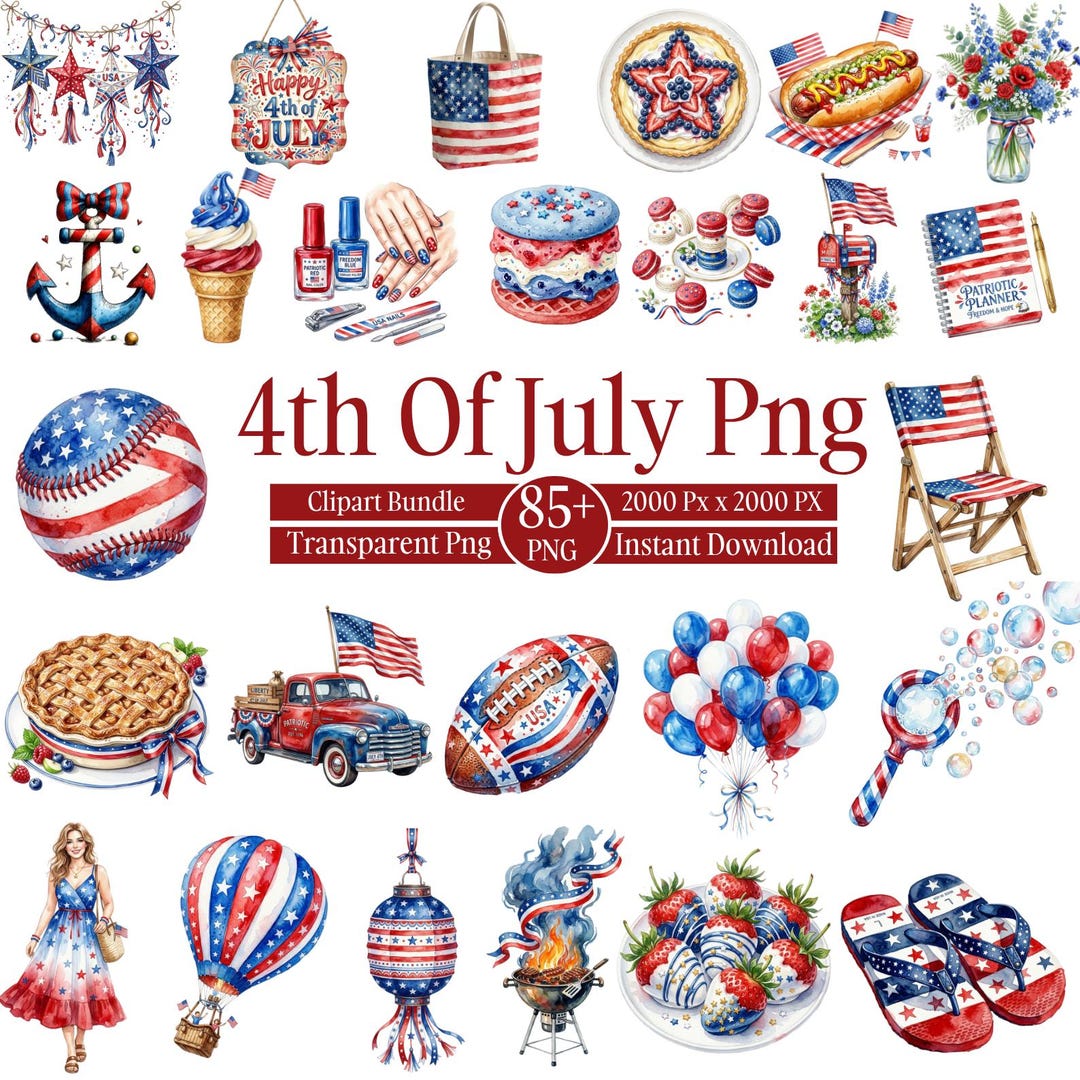 85+ 4th of July Clipart Png Bundle, Patriotic USA PNG, Watercolor ...