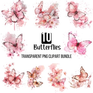 Aquarel roze vlinder clipart png bundel, aquarel vlinders, pastel roze vlinders, transparante achtergrond tuin bloemen clipart