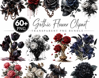 60+ Gothic Flowers Clipart Bundle, Dark Floral PNG, Vintage Gothic Roses, Spooky Flower Illustrations, Transparent PNG, Digital Download