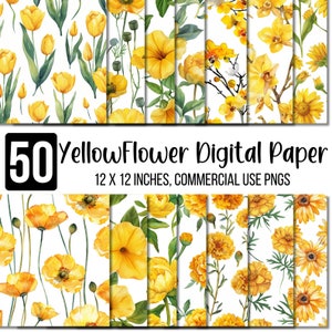 50 Yellow Flowers Digital Paper Bundle, Floral Wildflower, Yellow Watercolor Floral Printable, Abstract yellow spring watercolor