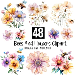 48 bijen en bloemen clipartbundel, aquarel bloemenbij png's, transparante achtergrond, wilde bij, bloemensublimatie, digitale png