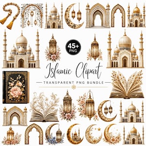 May include: A digital collection of Islamic clipart featuring gold-toned mosques, ornate arches, hanging lanterns, crescent moons, and open books with floral accents. The set includes 45+ PNG files labeled as an Islamic Clipart Transparent PNG Bundle.