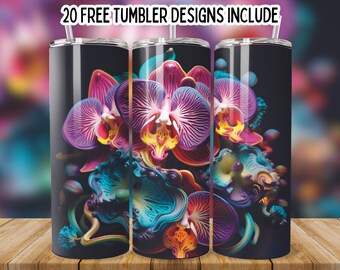 May include: A set of three stainless steel tumblers with a colorful abstract design featuring orchids and swirls. The design is in shades of purple, pink, blue, and green.