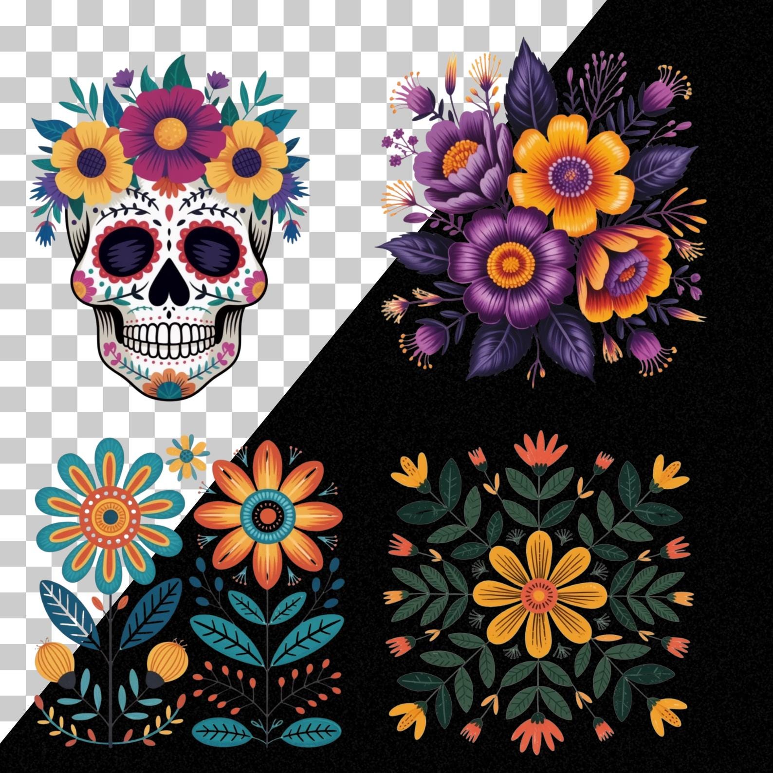 Mexican Floral Clipart Bundle, Fiesta Flowers PNG, Sugar Skull Clipart ...