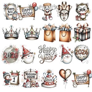 May include: A selection of watercolour illustrations with New Year and holiday themes. The images include crowns, gift boxes, shopping bags, snowmen, and the text "Happy New Year" and "2026".
