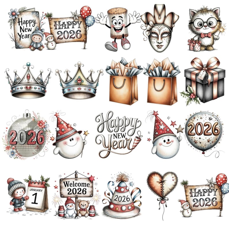 May include: A selection of watercolour illustrations with New Year and holiday themes. The images include crowns, gift boxes, shopping bags, snowmen, and the text "Happy New Year" and "2026".