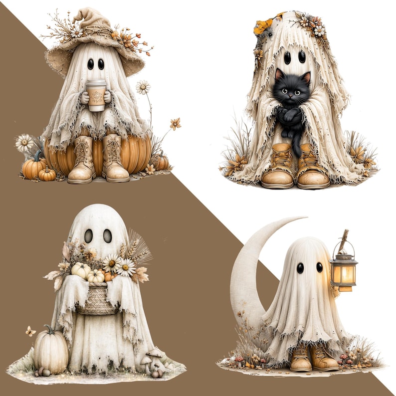 May include: Four illustrations of white ghosts wearing tan boots. One ghost wears a hat and holds a coffee cup on a pumpkin. One holds a black cat. One carries a basket of flowers and pumpkins. One stands by a crescent moon holding a lantern.