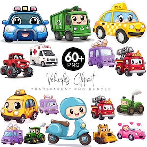 Puede incluir: Una colección de vehículos de dibujos animados, incluyendo un coche de policía azul, un camión de basura verde, un taxi amarillo, un camión monstruo rojo, una ambulancia, una furgoneta de helados morada y un camión de bomberos rojo. El texto "60+ PNG Vehicles Clipart Transparent PNG Bundle."