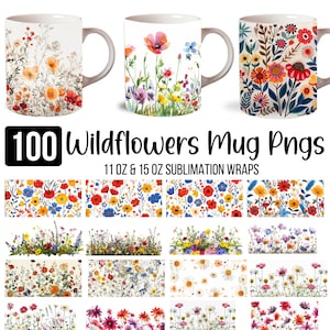 Wildflowers mug sublimation designs, watercolor floral 11oz mug wraps png, Spring mug template designs, Flower Mug Sublimation Design