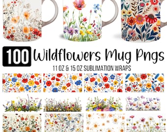 Conceptions de sublimation de tasse de fleurs sauvages, tasse florale aquarelle de 11 oz enveloppe png, conceptions de modèle de tasse de ressort, conception de sublimation de tasse de fleur