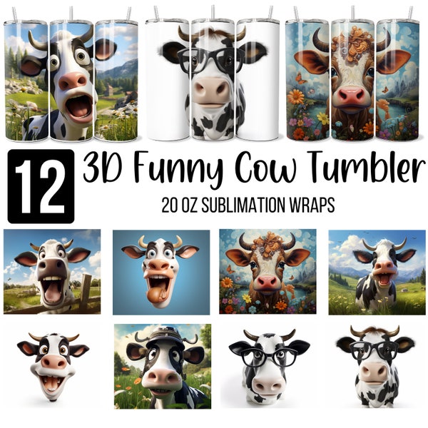 12 Funny Cow Tumbler PNG Bundle, Cow Selfie Png, Cute and Crazy Cow Tumbler, 20oz Skinny Cute Animals Tumbler Funny Cow Face Sublimation PNG