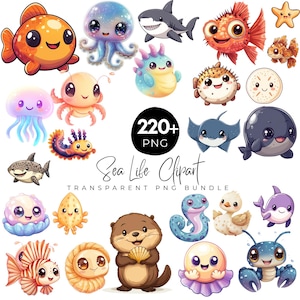 Puede incluir: Una colección de imágenes prediseñadas de vida marina coloridas, que incluyen peces, tiburones, un pulpo y una nutria marina. La imagen incluye el texto "Sea Life Clipart" y "220+ PNG". Las ilustraciones son de estilo caricatura.